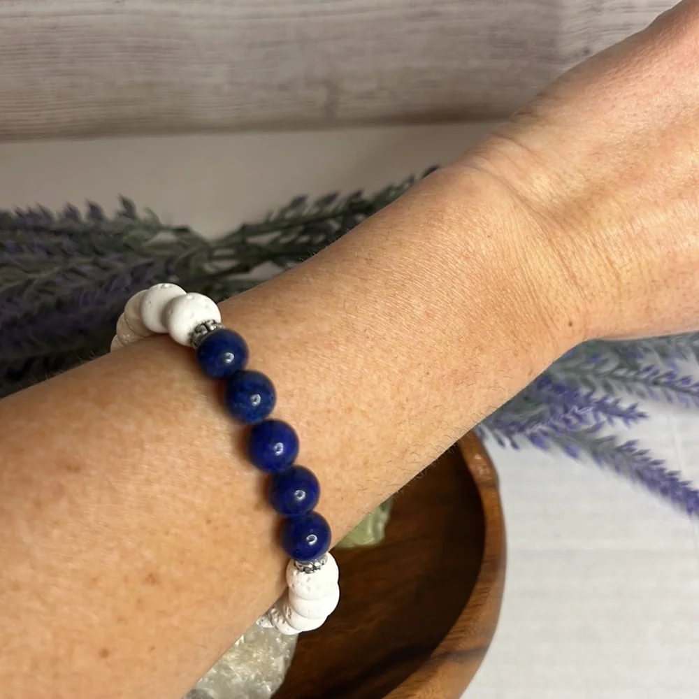 NEW Blue Lapis Essential Oil Diffuser Bracelet White Natural Lava stone